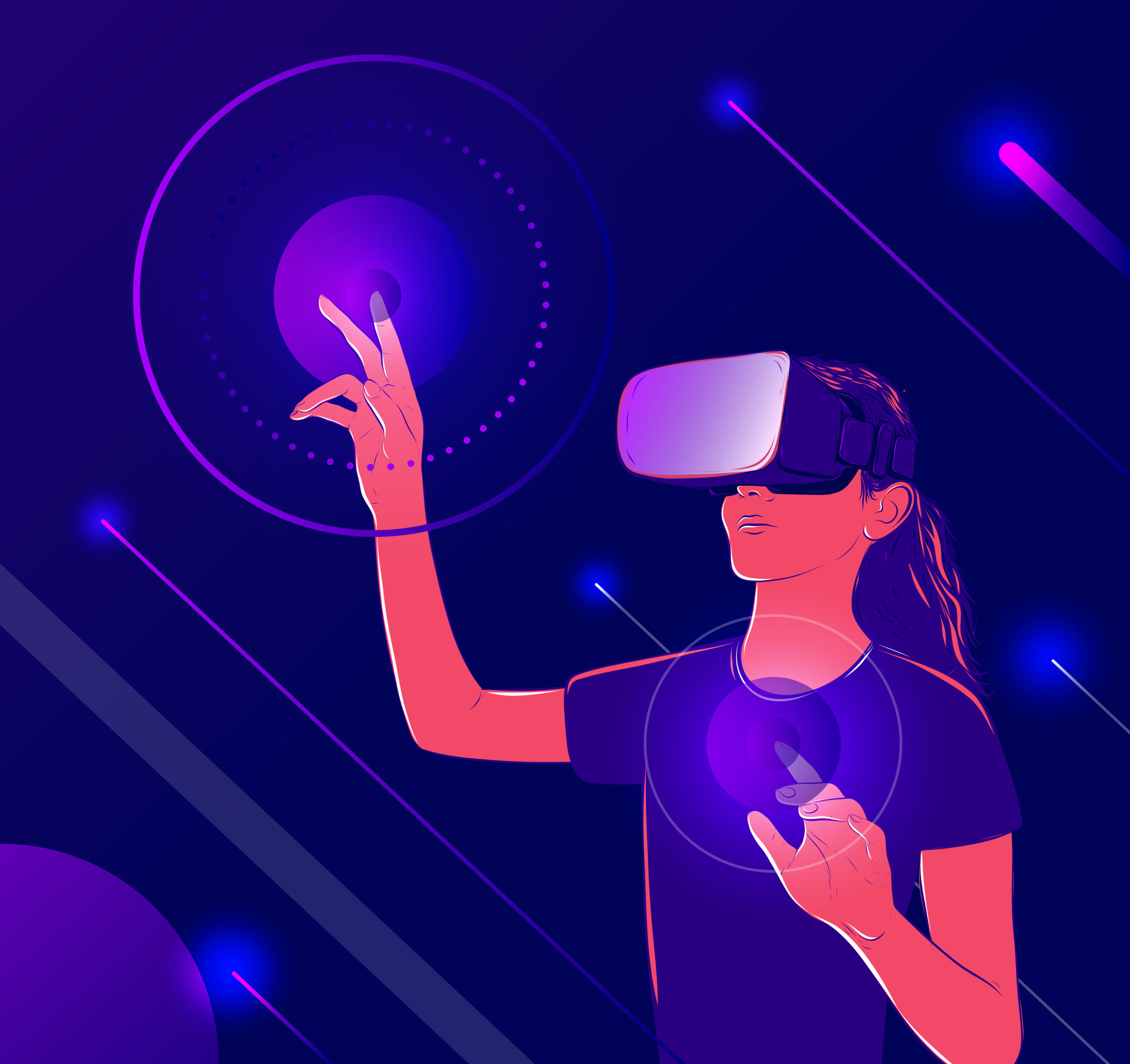 Metaverse digital cyber world technology, a woman holding virtual reality glasses around.
