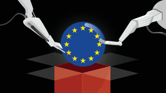 Robot Arms make Europe flag, Brexit negotiation, deal and decision, Europe and United Kingdom economic future after UK exit Euro zone concept.